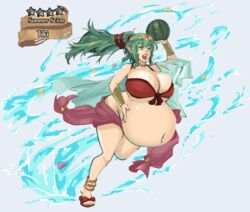 belly_button belly_expansion big_belly big_breasts bikini bikini_top blue_background breast_expansion breasts cleavage eyebrows_visible_through_hair female fire_emblem fire_emblem_awakening fire_emblem_heroes green_eyes green_hair huge_belly large_breasts nintendo open_mouth pregnant ready_to_pop red_footwear sandals swimsuit tiki_(adult)_(fire_emblem) tiki_(adult)_(summer)_(fire_emblem) tiki_(fire_emblem) water watermelon xcel-zero