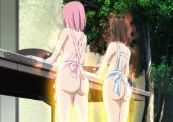 2girls ass aura big_ass breasts brown_hair bubble_butt cooking fat_ass female female_only gokukoku_no_brynhildr hatsuna_wakabayashi hi_res kazumi_schlierenzauer legs medium_breasts multiple_girls naked_apron pink_hair screencap short_hair side_ponytail sideboob small_breasts stitched thighs