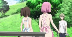 1boy 2girls big_ass blonde_hair brown_hair bubble_butt fat_ass female from_behind gokukoku_no_brynhildr hatsuna_wakabayashi hi_res kazumi_schlierenzauer legs male multiple_girls naked_apron pants pink_hair screencap shirt short_hair side_ponytail stitched thighs