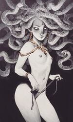 1girls andrew_mar black_background forehead_jewel gold_jewelry greek_mythology jewelry looking_at_viewer medusa no_pupils pierced_nipples pinup snake_hair snakes solo solo_female tagme undressing white_eyes white_skin