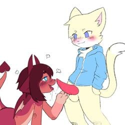 <3_eyes 1:1 anthro blue_eyes bodily_fluids clothed clothing cock_worship domestic_cat dragon dragonling drooling duo felid feline felis fudge_(fudgepop01) fur hair heart heart_tail hi_res horn luxx luxxsona male male/male mammal penile pink_ears red_body red_hair saliva tan_body tan_fur