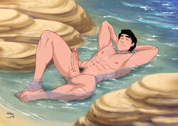 1boy 2020 armpits arms_up artist_signature barefoot black_hair body_hair closed_eyes color disney disney_prince erect_nipples erection feet glans jonsfw knees_apart_feet_together large_penis lying lying_down male male_focus male_only naked nude outdoors penis prince_eric pubic_hair rock sea seaside smile solo spread_legs testicles the_little_mermaid vein veins veiny veiny_penis water yaoi