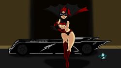 batman_(series) batmobile batwoman blue_eyes boots cape cosplay costume dc dc_comics exposed_breasts inkweaver mask nipples original_character red_hair side_shave