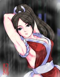 1girls armpits arms_behind_head big_breasts breasts brown_eyes brown_hair busty cleavage fatal_fury female female_only highres king_of_fighters large_breasts long_hair looking_at_viewer mai_shiranui ponytail pose posing seductive_smile sensual sexy_armpits shihu_zou sideboob smile snk solo voluptuous