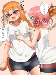 2girls anthro breasts cephalopod cephalopod_humanoid female female_only humanoid inkling inkling_girl kaori_(splatoon) mask_(marking) multiple_girls nintendo nipple_bulge nipple_poke pengin_maru pointy_ears splatoon splatoon_2 squid surume_(splatoon) tentacle tentacle_hair yuri