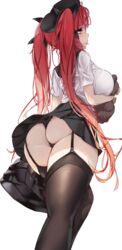 1girls ass ass_focus azur_lane bag big_ass black_thighhighs blush hair_ribbon hat high_resolution honolulu_(azur_lane) kilalesi long_hair orange_hair pale-skinned_female pale_skin panties red_hair school_uniform thick_thighs thighhighs thighs twintails white_background