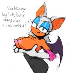 2018 anthro bat_wings bedroom_eyes blue_eyes breasts chiropteran clothed clothing dialogue digital_media_(artwork) english_text exhibitionism exposed_breasts female filthypally gloves hair half-closed_eyes handwear hi_res looking_at_viewer mammal membrane_(anatomy) membranous_wings narrowed_eyes nipples pose presenting presenting_breasts profanity rouge_the_bat seductive simple_background solo sonic_(series) standing text topless white_background white_hair wings