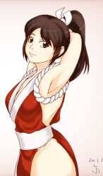 1girls armpits arms_behind_head big_breasts breasts brown_eyes brown_hair busty cleavage fatal_fury female female_only from_side highres king_of_fighters large_breasts legs long_hair mai_shiranui ponytail pose posing sensual sexy_armpits shihu_zou snk solo thick_thighs thighs voluptuous