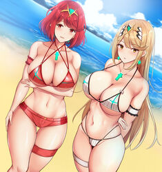 2girls arm_garter arms_behind_back bangs bare_shoulders beach bikini blonde_hair blue_sky blush breasts chest_jewel cleavage collarbone earrings highres jewelry large_breasts long_blonde_hair long_hair looking_at_viewer multiple_girls mythra navel nintendo noeomi open_mouth pyra red_bikini red_eyes red_hair shore short_hair short_red_hair sky smile swept_bangs swimsuit thick_thighs thigh_gap thigh_strap thighs tiara white_bikini xenoblade_(series) xenoblade_chronicles_2 yellow_eyes