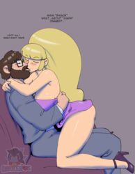 1boy 1girls abryssle beard blonde_hair blush breasts brown_hair cleavage clothed commission darkeros13 disney disney_channel disney_xd embrace female glasses gravity_falls heels huge_breasts kissing large_breasts long_hair male original original_character pacifica_northwest self_insert straight_hair text thick_thighs wholesome