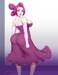 1girls abarus artist_name ass big_ass big_breasts dress eyeshadow fantina_(pokemon) female gloves half-closed_eyes large_breasts lipstick looking_back melissa_(pokemon) nintendo pale-skinned_female pale_skin pokemon pokemon_dppt purple_eyes purple_eyeshadow purple_hair purple_lipstick solo standing thick_ass