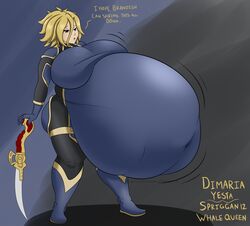 1girls after_digestion big_breasts blonde_hair breast_expansion breast_growth breasts digestion dimaria_yesta english_text fairy_tail huge_belly huge_breasts implied_vore latex_suit nomopolitainia post_digestion same_size_vore smoke sword text thick thick_thighs vore vore_belly