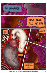 2boys alphonse_(james_howard) anal anthro big_belly bodily_fluids canid canine canis comic completely_nude cum dialogue domestic_cat duo english_text felid feline felis genital_fluids hi_res inflation internal james_howard male male/male male_only mammal nude nude_male patreon richard_(james_howard) text wolf yaoi