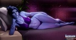 1girls 3d abs alternate_costume amelie_lacroix big_ass big_breasts blizzard_entertainment blue_skin breasts cleavage female female_only fully_clothed kachigachi large_breasts overwatch purple_hair purple_skin solo thick_thighs wide_hips widowmaker