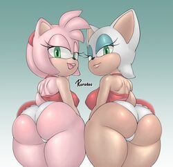 2girls alternate_ass_size amy_rose amy_rose_(cosplay) anthro ass big_breasts breasts bubble_butt erect_nipples eye_contact female female_only green_eyes hairband half-closed_eyes huge_ass humanoid lips looking_at_viewer looking_back panties pink_fur rouge_rose rouge_the_bat ruruduu sega shortstack sonic_(series) tail thick_ass thick_thighs white_fur white_panties wide_hips