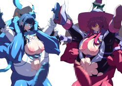 2boys 2demons 2girls absurdres blue-tinted_eyewear blue_eyes blue_hair blush breasts censored duel_monster evil_twin_ki-sikil evil_twin_lil-la full_nelson gloves green_eyes group_sex hat heels highres imminent_sex jacket ki-sikil_(yu-gi-oh!) large_breasts legs_held_open lifting_person lil-la_(yu-gi-oh!) long_hair mosaic_censoring multiple_girls necktie_between_breasts nipples orange-tinted_eyewear penis pink_hair pobotto pussy reverse_suspended_congress sex sex_from_behind spread_legs straight sunglasses testicles tinted_eyewear torn_clothes twintails yu-gi-oh!