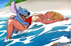 1boy 1girls alien alien_boy alx_(fuckit) barefoot beach blue_sky breasts breasts_out cloud colored day daytime disney exposed_breasts female full_body happy_sex hetero interspecies knees_up licking_belly licking_pussy licking_stomach lifeguard_(lilo_and_stitch) lifesaver lilo_and_stitch lying lying_on_back medium_breasts nipples on_back on_ground on_sand one-piece_swimsuit one-piece_tan oral oral_sex outdoors partially_submerged public sea sex sharp_teeth size_difference sky small_dom_big_sub spread_legs stitch sunburn swimsuit_aside tan tanline tanned xenophilia