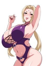 1girls armpits big_breasts blonde_hair blush cleavage cleavage_cutout cutout facial_mark female female_only forehead_mark huge_breasts large_breasts long_fingernails long_hair looking_at_viewer nail_polish naruto naruto_(series) naruto_shippuden one_arm_up red_nails solo swimsuit tawashi1623 tied_hair tongue tongue_out tsunade twintails white_background wide_hips