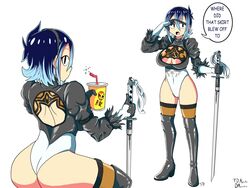 1girls ass big_breasts blue_hair boots breasts female female_focus female_only inverted_nipples looking_at_viewer nier:_automata nipples shelby_springfield sword thatdamapache thighs white_background wide_hips yorha_2b_(cosplay)