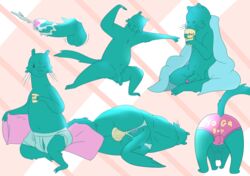 anus ass balls bedding blanket blue_body blue_fur bodily_fluids clothing cum dyna_mink fur genital_fluids genitals heathenpixel hi_res humanoid_genitalia humanoid_penis jockstrap male_only mammal mink mustelid musteline orgasm penis studio_killers underwear