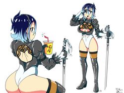 areola areolae ass big_breasts blue_hair boots breasts female female_focus female_only inverted_nipples looking_at_viewer nier:_automata nipples shelby_springfield sword thatdamapache thighs white_background wide_hips yorha_2b_(cosplay)