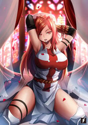 1girls 2d armpits arms_behind_head arms_up big_breasts breasts bridal_veil church enen_no_shouboutai female female_only fire_force fuji_house lisa_isaribi long_hair looking_at_viewer red_eyes red_hair scrunchie seductive_look solo stained_glass thighs tying_hair