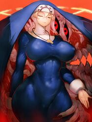 big_breasts blonde_hair closed_eyes curvy demon double_(skullgirls) fumio_(rsqkr) habit hourglass_figure huge_breasts nun skin_tight skullgirls thick_thighs tight_clothing wide_hips