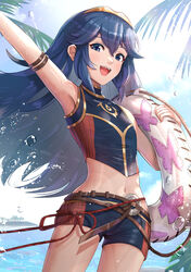 1girls alternate_costume armpits bikini blue_bikini blue_eyes blue_hair blue_swimsuit crop_top fire_emblem fire_emblem_awakening fire_emblem_cipher flat_chest gonzarez headpiece highres innertube island long_hair looking_at_viewer lucina_(fire_emblem) lucina_(summer)_(fire_emblem) navel nintendo ocean official_alternate_costume open_mouth palm_tree rope_belt sidelocks smile solo swimsuit symbol-shaped_pupils thighs tiara tree water water_drop wet