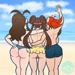 1:1 3girls arm_around_neck arm_around_waist arm_up ass backboob bandana bare_shoulders beach big_ass big_breasts bottom_heavy breasts brown_hair dat_ass double_bun female female_only from_behind hair_bun hand_up hat heart hilda_(pokemon) huge_ass huge_breasts large_ass large_breasts long_hair may_(pokemon) minishorts miniskirt nintendo outdoors pale-skinned_female pale_skin pokemon pokemon_bw pokemon_bw2 pokemon_rse ponytail rosa_(pokemon) shorts skirt spandex_shorts standing thick_ass thighs tied_hair topless twintails uxdragon viewed_from_behind