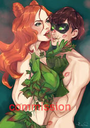 2020 age_difference artist_signature batman_(series) big_breasts blush brown_hair commission dc dc_comics dick_grayson dominatrix female femdom gloves green_eyes hand_on_face kirass licking licking_face lipstick lipstick_mark long_hair looking_at_partner male mask mind_control muscles muscular_male older_female pale_skin poison_ivy red_hair robin_(dc) robin_(dick_grayson) short_hair tied_hands watermark