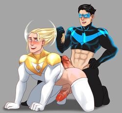 2boys anal anal_sex apollo_(dc) artist_request batman_(series) big_penis black_hair blonde_hair blue_eyes blush blushing clothed clothing dc dc_comics dick_grayson from_behind gay hair_pull huge_penis long_hair male male/male male_only male_penetrating muscles muscular muscular_male nightwing penis short_hair tight_clothing uncensored yaoi