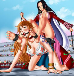 all_fours assertive assertive_female ball_gag barefoot boa_hancock bondage feet female female_only foot_fetish foot_focus gag leash lesbian nami naranjou one_piece orange_hair ponyplay post-timeskip public public_humiliation red_toenails shounen_jump sitting_on_person sitting_on_sub slave soles toes yuri