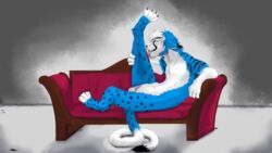 16:9 anthro blood blue_body blue_fur bodily_fluids claws domestic_cat erection felid feline felis fur genitals hi_res hybrid licking male male_only mammal paws penis ryks scratches self_lick solo spots stripes tongue tongue_out white_body white_fur widescreen