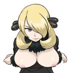 arms_crossed blonde_hair bule cynthia_(pokemon) female grey_eyes large_breasts long_hair one_eye_covered pokemon pokemon_dppt smile solo