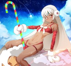 altera_(fate) altera_the_santa arm_support arm_up bikini blue_sky blush breasts candy_cane choker cloud collarbone dark-skinned_female dark_skin detached_sleeves earmuffs fate/grand_order fate_(series) female gloves headband hinghoi leaning_back looking_to_the_side mittens navel outdoors panties patreon pussy red_eyes red_neckwear red_panties shiny_skin shooting_star short_hair sitting skindentation sky small_breasts solo star_(sky) starry_sky tattoo teeth text underwear veil watermark web_address white_gloves white_hair