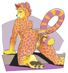 2020 ambiguous_gender anthro anus ass backsack balls cheetah ducky_(artist) felid feline fur genitals hanging_by_tail hi_res lagomorph larger_male leporid looking_back macro male male_only mammal orange_body orange_fur purple_spots rabbit simple_background size_difference smaller_ambiguous spots spots_(marking) spotted_body spotted_fur