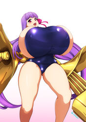 big_breasts fate/grand_order fate_(series) gigantic_breasts happy huge_breasts hyper_breasts isemagu large_breasts nipples_visible_through_clothing open_mouth passion_lip purple_hair school_swimsuit thick_thighs white_background