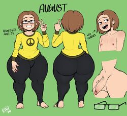 1boy august_roberts big_ass_(male) big_butt blackwhiplash brown_hair bwl character_sheet femboy girly glasses huge_ass huge_hips huge_thighs male_only nipples original peace_sign peace_symbol peace_symbol_shirt solo solo_male teapot_(body_type) thick_thighs v wide_hips