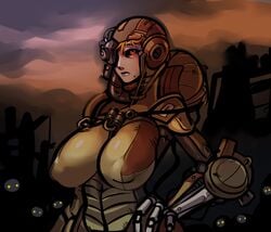 1girls ballista_(warframe) being_watched big_breasts black_sclera blue_lipstick female female_focus female_only grineer mole mole_under_mouth orange_hair prosthetic_arm puffy_nipples red_eyes s-purple short_hair warframe