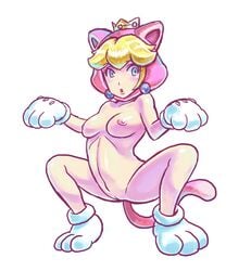 blonde_hair blue_eyes bule cat_ears cat_peach cat_suit crown earrings eyelashes fake_paws fake_tail female footwear gloves handwear large_breasts mario_(series) mostly_nude nintendo princess_peach shaved_pussy shoes solo super_mario_3d_world tail white_background