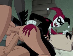 1girls 2boys all_fours anal anal_sex ass_grab batman batman_(series) batman_and_harley_quinn bed big_ass big_penis black_hair blonde_hair blue_eyes bruce_wayne clothed clothing clown_girl clown_makeup dc dc_comics dcamu dick_grayson doggy_style double_penetration eye_contact eyelashes eyeshadow female grabbing_own_ass hand_on_ass hand_on_hip harley_quinn harley_quinn_(classic) light-skinned_male lipstick looking_at_partner looking_back makeup male mascara mask masked medium_breasts mikeswinger mmf_threesome moaning multicolored_hair naughty_face nightwing no_pants open_mouth pale_skin penis red_lipstick short_hair skinny slim smile thick_thighs threesome tight_clothing twintails vaginal_penetration