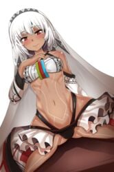 altera_(fate) blush breasts candy_cane choker cloud collarbone dark-skinned_female dark_skin detached_sleeves earmuffs fate/grand_order fate_(series) female female gloves hinghoi leaning_back navel red_eyes shiny_skin short_hair sitting skindentation small_breasts tagme tattoo underwear white_hair