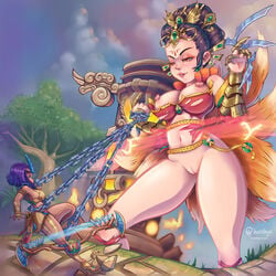 2girls areolae black_hair bondage bow_(weapon) breasts chains chinese_mythology da_ji_(smite) deity egyptian_mythology female female_only fox_tail functionally_nude giantess goddess gold_(metal) gold_heels hanshyn high_heels multiple_girls multiple_tails neith_(smite) nipples open_toe_shoes pussy smite torn_clothes weapon