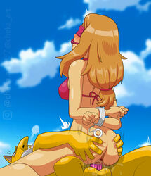 1boy 1girls anthro anus areolae ass ass_grab ball_gag blindfold blue_eyes blush bondage breasts brown_hair cheka.art gag hypno intersex long_hair mind_control mouth_gag nintendo nipples pale-skinned_female pale_skin pokemon pokemon_(species) pokemon_rgby pokemon_xy pokephilia serena_(pokemon) tied_hands trembling vaginal_penetration vaginal_sex yellow_fur