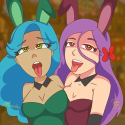 2girls ahe_gao blue_hair bon_(fnafhs) bonnie_(fnafhs) brit_(fnafhs) brunilda_(fnafhs) bunnysuit dark-skinned_female female_only fnafhs fnafhs_z3ro homerbls multiple_girls purple_hair rule_63 yuri