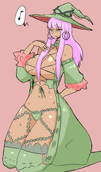 big_breasts blunt_bangs breasts cleavage culdcept culdcept_revolt dark_skin earrings female green_jacket hypna inumatori jewelry musical_note pink_hair purple_lipstick sitting smile smiling solo tongue_out witch_hat yellow_eyes