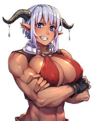 abs large_breasts mr._lime muscular_female nipple_bulge oni sharp_teeth