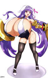 big_breasts fate/grand_order fate_(series) gigantic_breasts huge_breasts hyper_breasts isemagu large_breasts long_hair open_mouth oppai passion_lip purple_hair red_eyes smile thighhighs white_background