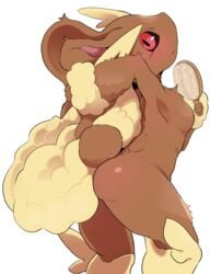 2020 armpit ass ass_out black_sclera blush breasts brown_body brown_fur brush brushing bunny curvy curvy_figure dagasi dat_ass featureless_breasts female female_only fur furry hi_res highres lagomorph long_ears looking_at_viewer looking_back lopunny no_nipples pokemon pokemon_(species) rabbit rabbit_humanoid red_eyes simple_background small_breasts solo solo_female solo_focus sweat sweatdrop thick_thighs thighs white_background wool