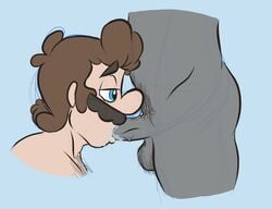 2boys anon blowjob blue_background blue_eyes brown_hair color fellatio gay hairy koopakinky85 male male_only mario mario_(series) moustache multiple_boys nintendo nude oral oral_sex penis pubic_hair simple_background spit testicles veiny_penis yaoi